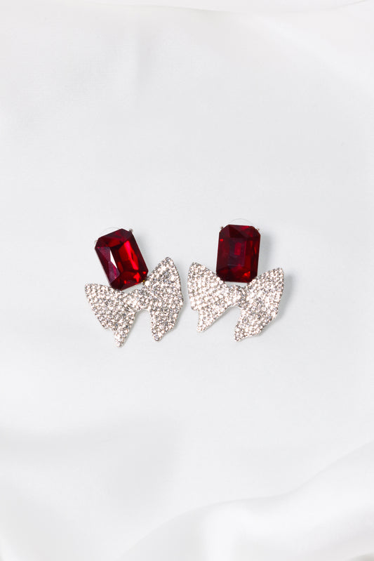 Ear Studs Red Silver Bow ESFE-0002